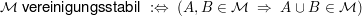 $ \mathcal{M}\text{ vereinigungsstabil }:\gdw\ (A,B\in \mathcal{M}\ \Rightarrow\ A\cup B\in\mathcal{M}) $ $ \mathcal{M}\text{ vereinigungsstabil }:\gdw\ (A,B\in \mathcal{M}\ \Rightarrow\ A\cup B\in\mathcal{M}) $