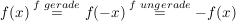 $ f(x)\stackrel{f \,\, gerade}{=}f(-x)\stackrel{f \,\, ungerade}{=}-f(x) $ $ f(x)\stackrel{f \,\, gerade}{=}f(-x)\stackrel{f \,\, ungerade}{=}-f(x) $