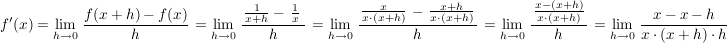 $ f'(x)=\limes_{h \to 0}\left \bruch{f(x+h)-f(x)}{h} \right=\limes_{h \to 0}\left \bruch{\left \bruch{1}{x+h}-\left \bruch{1}{x} \right \right}{h} \right=\limes_{h \to 0}\left \bruch{\left \bruch{x}{x\cdot{}(x+h)} \right-\left \bruch{x+h}{x\cdot{}(x+h)} \right}{h} \right=\limes_{h \to 0}\left \bruch{\left \bruch{x-(x+h)}{x\cdot{}(x+h)} \right}{h} \right=\limes_{h \to 0}\left \bruch{x-x-h}{x\cdot{}(x+h)\cdot{}h} \right $ $ f'(x)=\limes_{h \to 0}\left \bruch{f(x+h)-f(x)}{h} \right=\limes_{h \to 0}\left \bruch{\left \bruch{1}{x+h}-\left \bruch{1}{x} \right \right}{h} \right=\limes_{h \to 0}\left \bruch{\left \bruch{x}{x\cdot{}(x+h)} \right-\left \bruch{x+h}{x\cdot{}(x+h)} \right}{h} \right=\limes_{h \to 0}\left \bruch{\left \bruch{x-(x+h)}{x\cdot{}(x+h)} \right}{h} \right=\limes_{h \to 0}\left \bruch{x-x-h}{x\cdot{}(x+h)\cdot{}h} \right $
